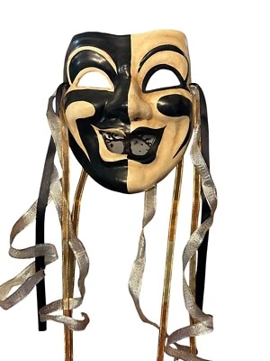 Classic Vtg Venetian Black and White Comedy Mask Hand Made Silver Gold Ribbons - Image 1 of 4