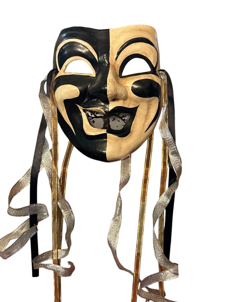 Classic Vtg Venetian Black and White Comedy Mask Hand Made Silver Gold Ribbons - Image 1 of 4