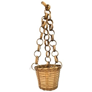 Pequeña cesta colgante de bambú tejida de 4" de alto con cadenas de anillo natural de 15" - Imagen 1 de 21