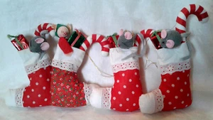 Vintage Set of 4 Filled Fabric Stocking Ornaments w/Presents & Mice or Elf - Picture 1 of 5
