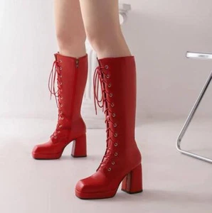 Kniehohe Stiefel Blockabsatz glänzend Lack Plateau Damen Seitenreißverschluss Schuhe größere Größe - Bild 1 von 15