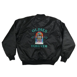 Vtg Bomber Jacket Coat Game Sportswear Black Satin Made in USA XL Oldies Forever - Picture 1 of 18