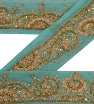 Borde de sari vintage sánskriti con cuentas artesanales adornos decoración encaje 1 yarda azul cielo Foto 1 de 4