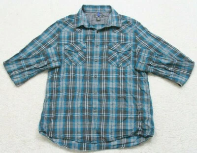 Large Kenneth Cole Gray & Blue Long Sleeve 2 Pocket Dress Shirt Pearl Snap G20 - Image 1 of 4