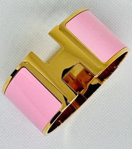Hermes Bracelet Clic Clac H Enamel Extra Wide Pink Rose Gold Sz 17cm PM - Picture 1 of 3