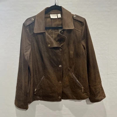 NWT Chico’s Brown Distressed Faux Suede Moto Jacket Gold Hardware Size 2 - Image 1 of 4