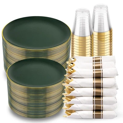 350PCS Green Plates Disposable - Heavy Duty Christmas Plates - 50Guest Includ... - Image 1 of 4