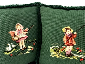 PAIR Vintage FARMER Needlepoint Pillows Little Boy & Girl 11" x 11" Green Fringe - Picture 1 of 11