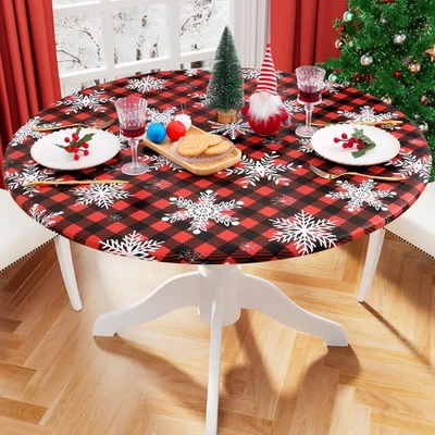 Round Fitted Vinyl Christmas Tablecloth with Elastic Edged Flannel Backing - Image 1 of 4