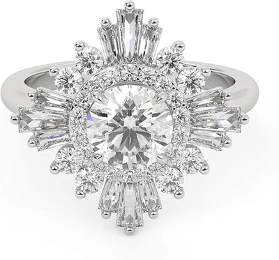 2.20 Ct Round & Baguette Cut Starburst Halo Engagement Ring 14K Or 18K Gold - Image 1 of 4