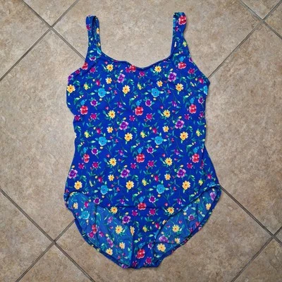Vintage Gabar Swimsuit One Piece Bathing Suit Size 14 Blue Flower All Over Print - Image 1 of 4