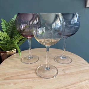 3 Cristal DArques Durand Etched Balloon Wine Goblets Blue Purple & Yellow France - Picture 1 of 7