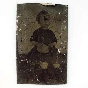Cracked Demonic Child Staring Tintype c1870 Antique 1/9 Plate Evil Photo A3132 - Picture 1 of 2
