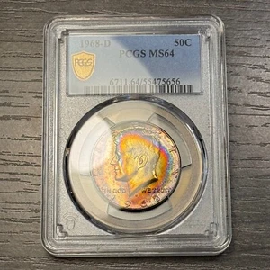 MS64 1968-D 50C Kennedy mezzo dollaro d'argento, PCGS Trueview - bella tonalità arcobaleno - Foto 1 di 10
