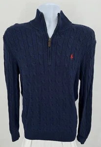 Maglione Vintage Polo Ralph Lauren Uomo Grande Maglia Cavo 1/4 Zip 100% Seta Blu - Foto 1 di 7