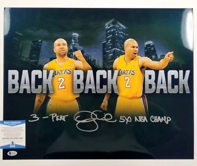 Derek Fisher signed "3-Peat" "5x Champ" Lakers Metallic Chrome 16x20 Photo ~ BAS - Image 1 of 3