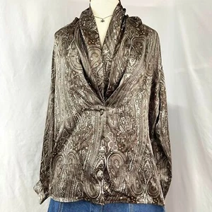 Vintage 80er Jahre Casual Corner braun rosa Satin Paisley Bluse Schalkragen Damen 12 - Bild 1 von 5