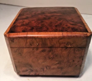 ANTIQUE SWISS BURL WOOD MARQUETRY SMALL MUSIC JEWELRY BOX WORKS WELL NEW LINING - Picture 1 of 8