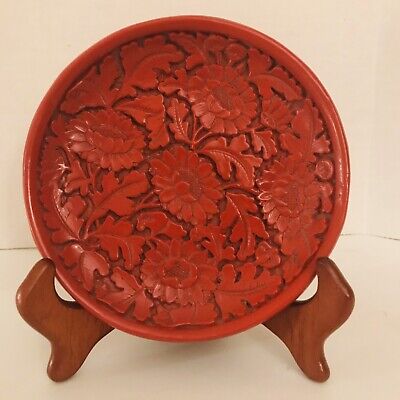 Vintage Chinese Cinnabar Carved Red Faux Lacquerware Plate 5.5  With Stand. • 39.99£