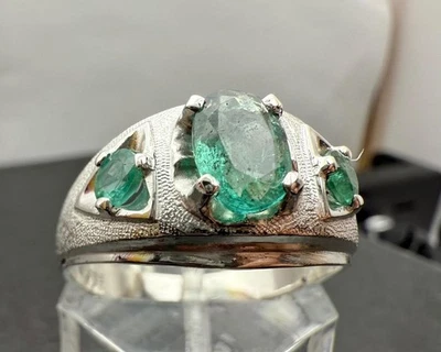1.475CT TW  NATURAL ZAMBIAN EMERALDS STERLING SILVER MENS RING SZ 11.75, 4+GR - Image 1 of 4