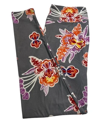 LuLaRoe Leggings OS One Size GRAY Colorful Tropical Flower ORCHID Lotus SOFT Fit - Image 1 of 4
