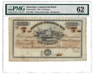 62 PMG 10 Dollars 1843 Mauritius Commercial Bank Banknote # 122r - Picture 1 of 4