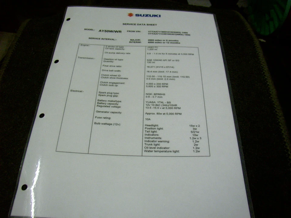 SUZUKI AY50 AY 50 WRX WX 1999 USED GENUINE SERVICE DATA SHEET - Image 1 of 1