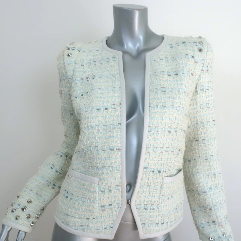 Barbara Bui Studded Tweed Jacket Leather-Trim Light Blue Cotton-Blend Size 42 - Image 1 of 4
