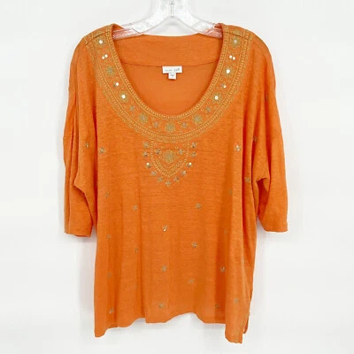 Top floral bordado naranja grande de lino J JILL Love BOHO BEACHY encubrimiento Foto 1 de 4