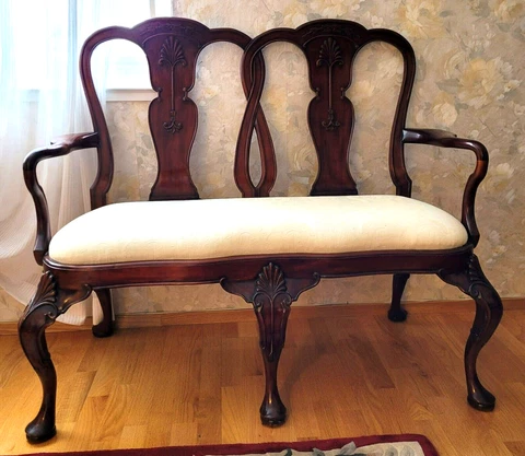 Vintage Ornate Chippendale Style Carved Dark Mahogany 2 Seat Settee Arm Bench Cover