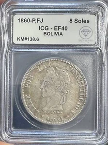 1860 P,FJ Bolivia Silver 8 SOLES ICG XF-40 IDC Verified - Picture 1 of 2