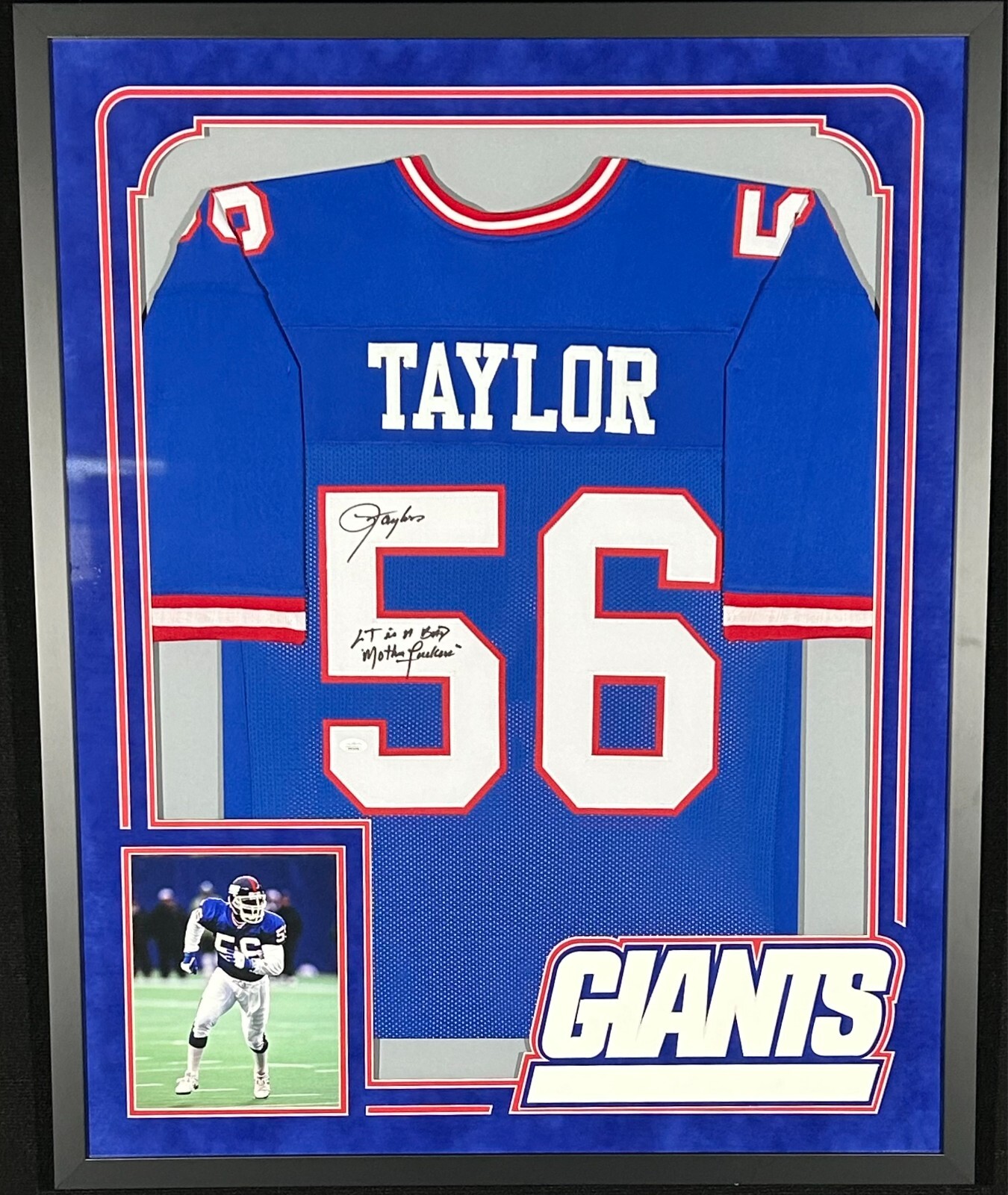 Lawrence Taylor- Autographed Signed Framed Blue Jersey JSA Authenticated 