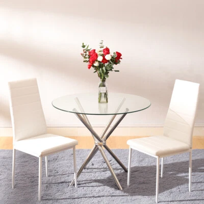 Kitchen 2-4 Seats Chrome Glass Round Dinner Table + 2/4 Chairs Set Dining Room - Image 1 of 3
