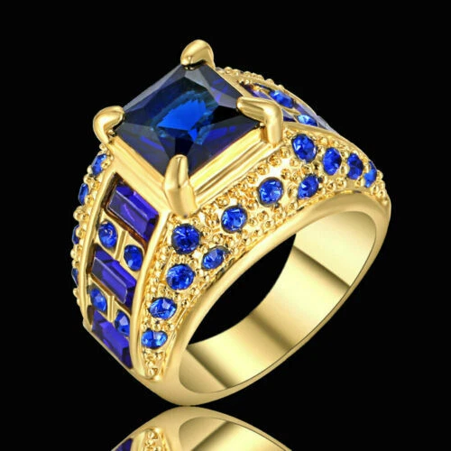 Anillo de boda de piedra grande de zafiro azul chapado en oro rodio joyería talla 6 regalo Foto 1 de 1