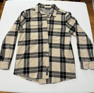 Alpine Design Men’s M Flannel Shirt Beige Black Plaid Long Sleeve Button Up - Picture 1 of 6