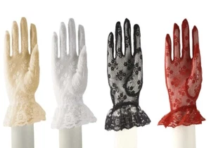 LOT OF 3 PAIRS--9 " LONG  WOMEN LACE GLOVES WEDDING PARTY WRIST LENGTH W/ RUFFLE - Picture 1 of 2