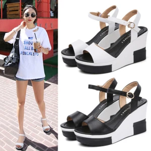 Zapatos de tacón de cuña para mujer plataforma peeptoe correa para el tobillo hebilla romana - Imagen 1 de 9