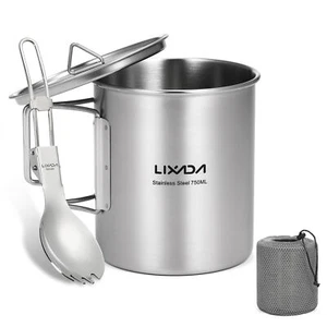 Lixada Stainless Steel Camping Cup 750ml Foldable Handles Lid Outdoor Cup J0W2 - Picture 1 of 12