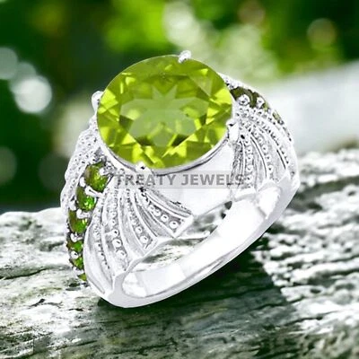 Piedras preciosas de corte redondo de peridoto con anillo de plata de ley 925 para hombre #965 Foto 1 de 4
