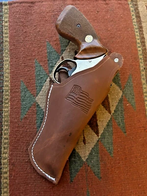 Fit Colt Python Trooper MK III 4" Barrel Thumb Break Leather Holster w Flag - Image 1 of 4