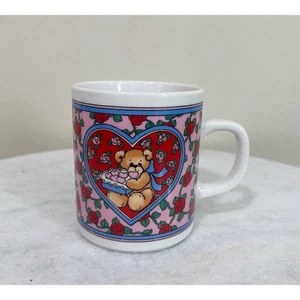Vintage Red Pink Valentines Day Teddy Bears Floral Heart Mug - Picture 1 of 7