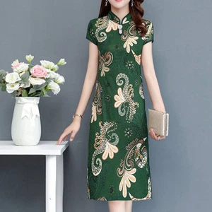 Women's Qipao Spring Dress Elegant Flower Print Side Split Short Sleeve - Picture 1 of 15