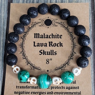 Brazalete elástico piedra natural calaveras de malaquita y roca de lava 10 mm con cuentas 8" para hombre Foto 1 de 4