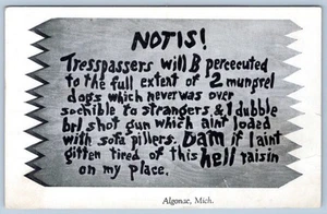 1940's GREETINGS from ALGONAC MICHIGAN NO TRESPASSING HUMOROUS VINTAGE POSTCARD - Picture 1 of 2
