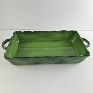 Vietri Italy 14x8x3 Handled Glazed Casserole Dish Unlidded Green Leaf - Picture 1 of 6