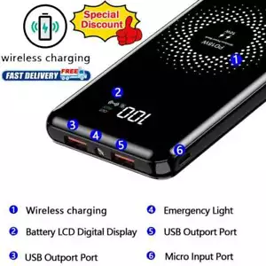 20000mAh Wireless Power Bank Backup Fast Portable Charger External Battery 2USB - Picture 1 of 10