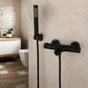 Grifo mezclador termostático de ducha de mano para baño negro montaje en pared grifos de latón - Imagen 1 de 11