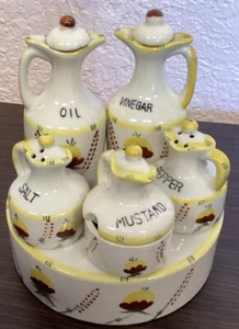 Vintage Hand Painted Cruet Set. Oil, Vinegar, Salt, Pepper & Mustard.Mid-Century - Picture 1 of 14