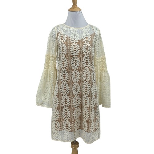 Abito Michael Kors donna extra small avorio pizzo trasparente sovrapposto maniche a campana foderato