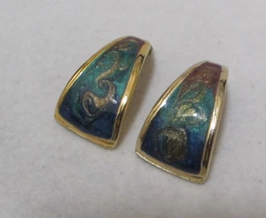 Vtg Gold Tone Teal Green Brown Marbled Graduated Half Hoop Post Earrings MINT  - Picture 1 of 8